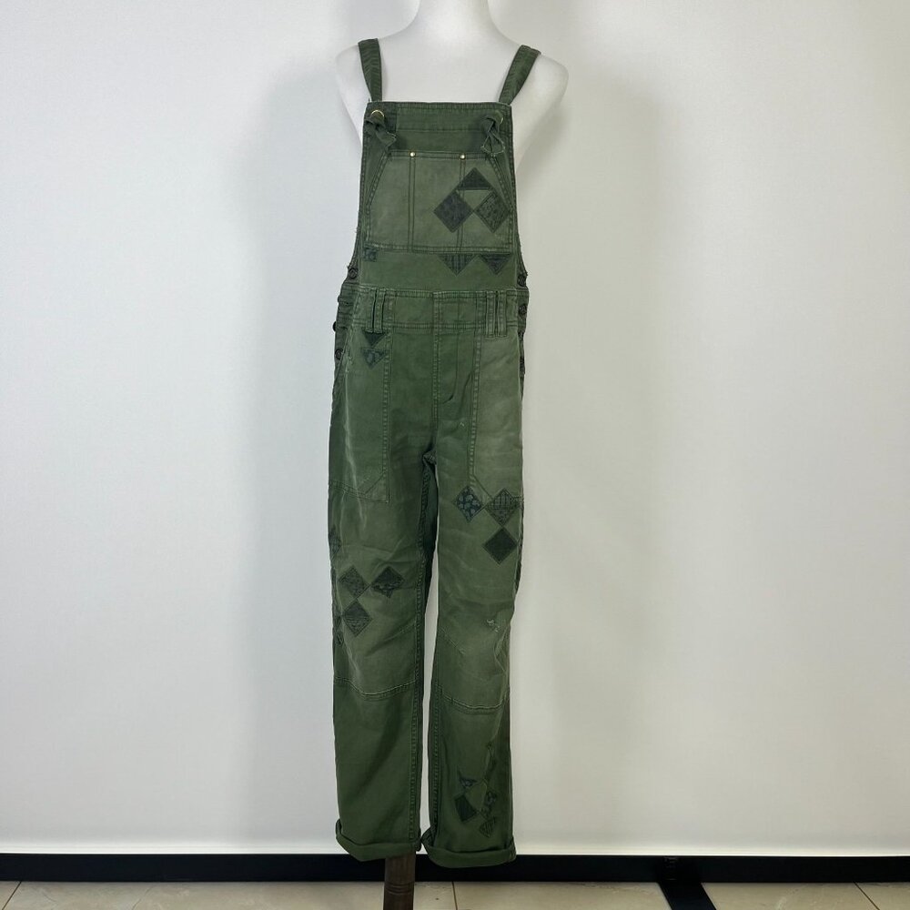 NWOT Anthropologie Pilcro Wanderer Patchwork Overalls Size 29 Green Cotton Blend - Picture 2 of 14